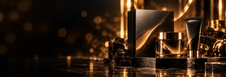 Luxuriöses Verpackungsdesign mit schwarzer Schachtel, Creme und Tube in Schwarz-Gold